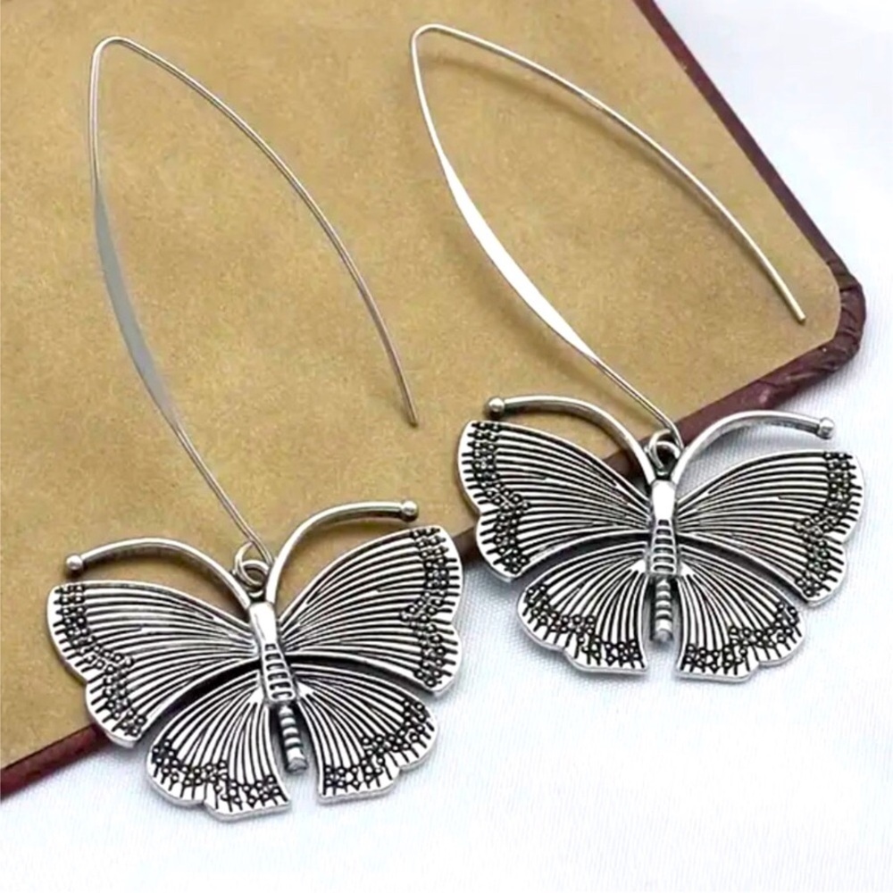 Large Dangle Silver Boho Butterfly Earrings
